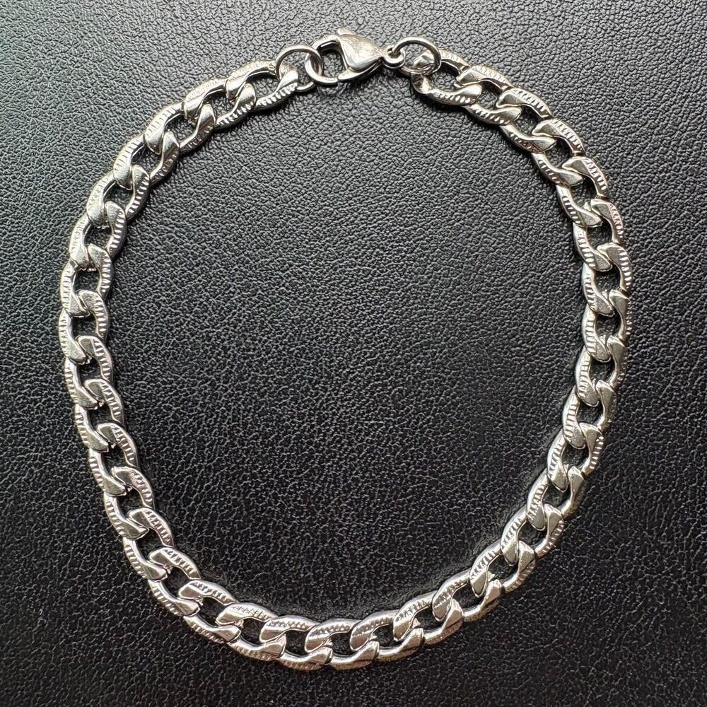8" 6mm Textured Cuban Link Bracelet Silver Stainless Steel Grooved Curb Men New